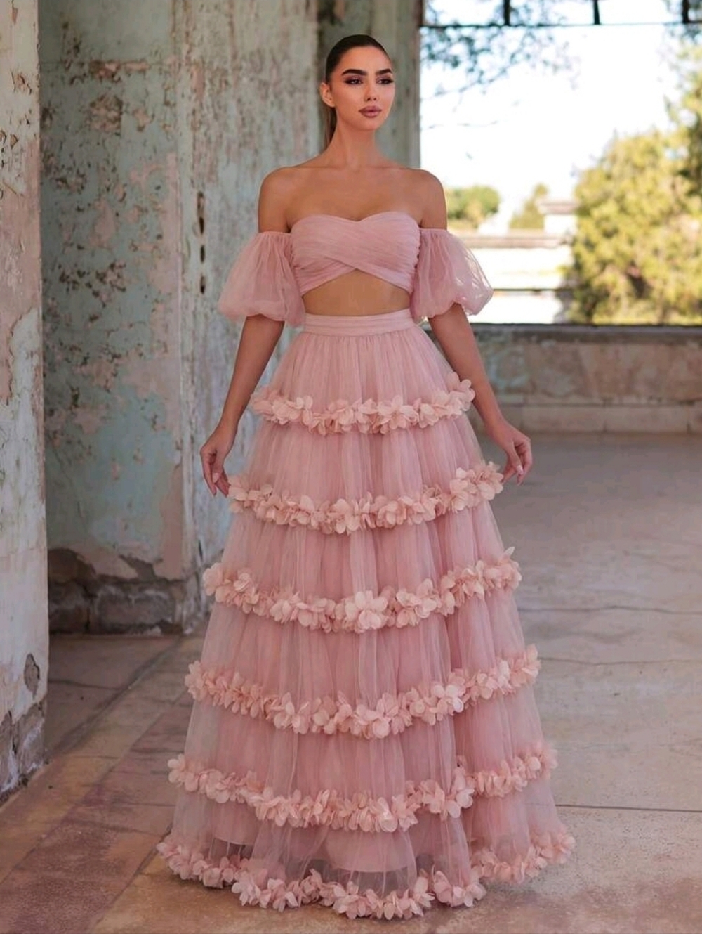 Blush Tiered Tulle Gown | Floral Appliqué Formal Dress | Size M